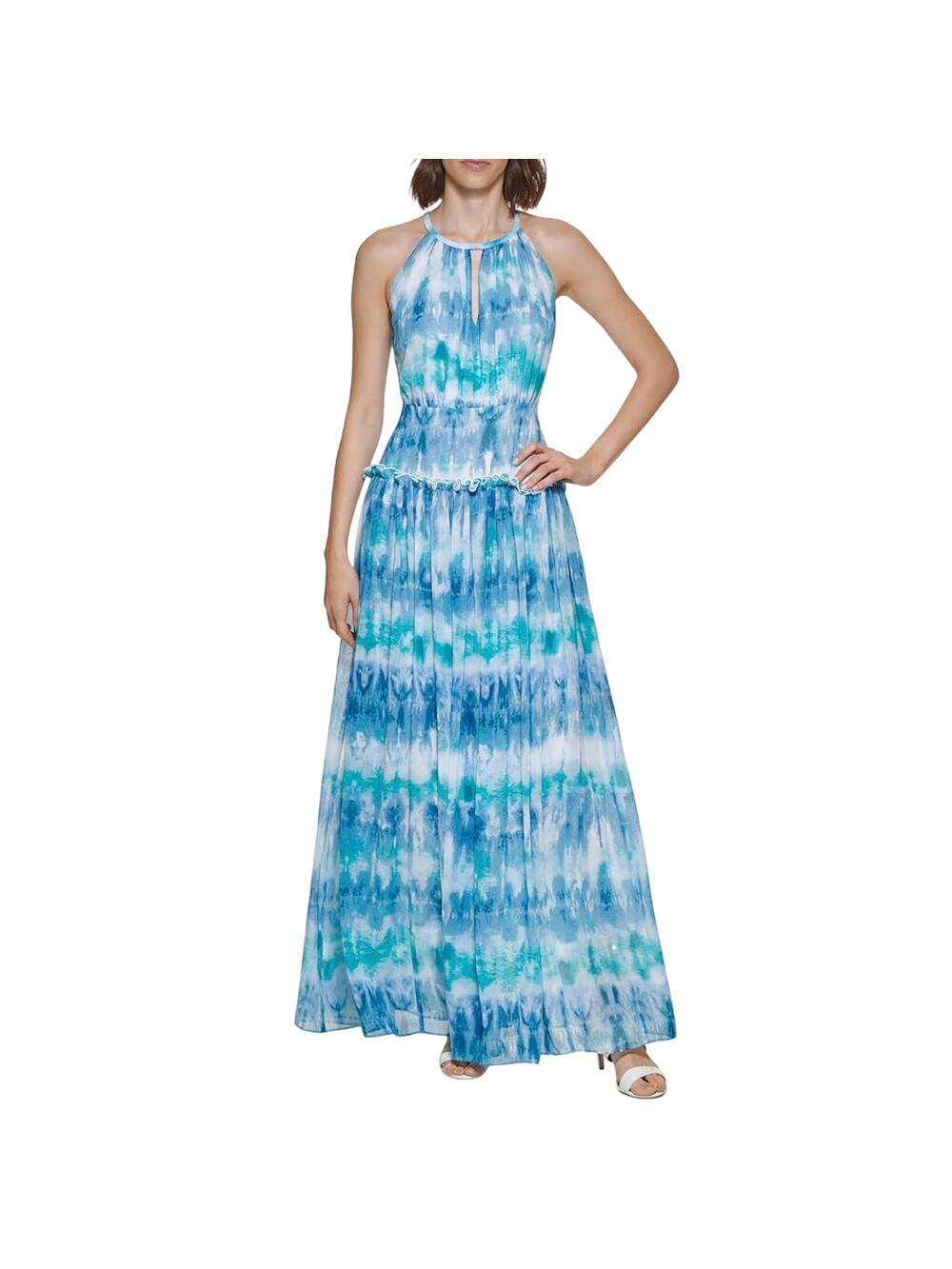Calvin Klein Blue and White Maxi Dress Beaded Halter Neck A-Line Gown Size 6